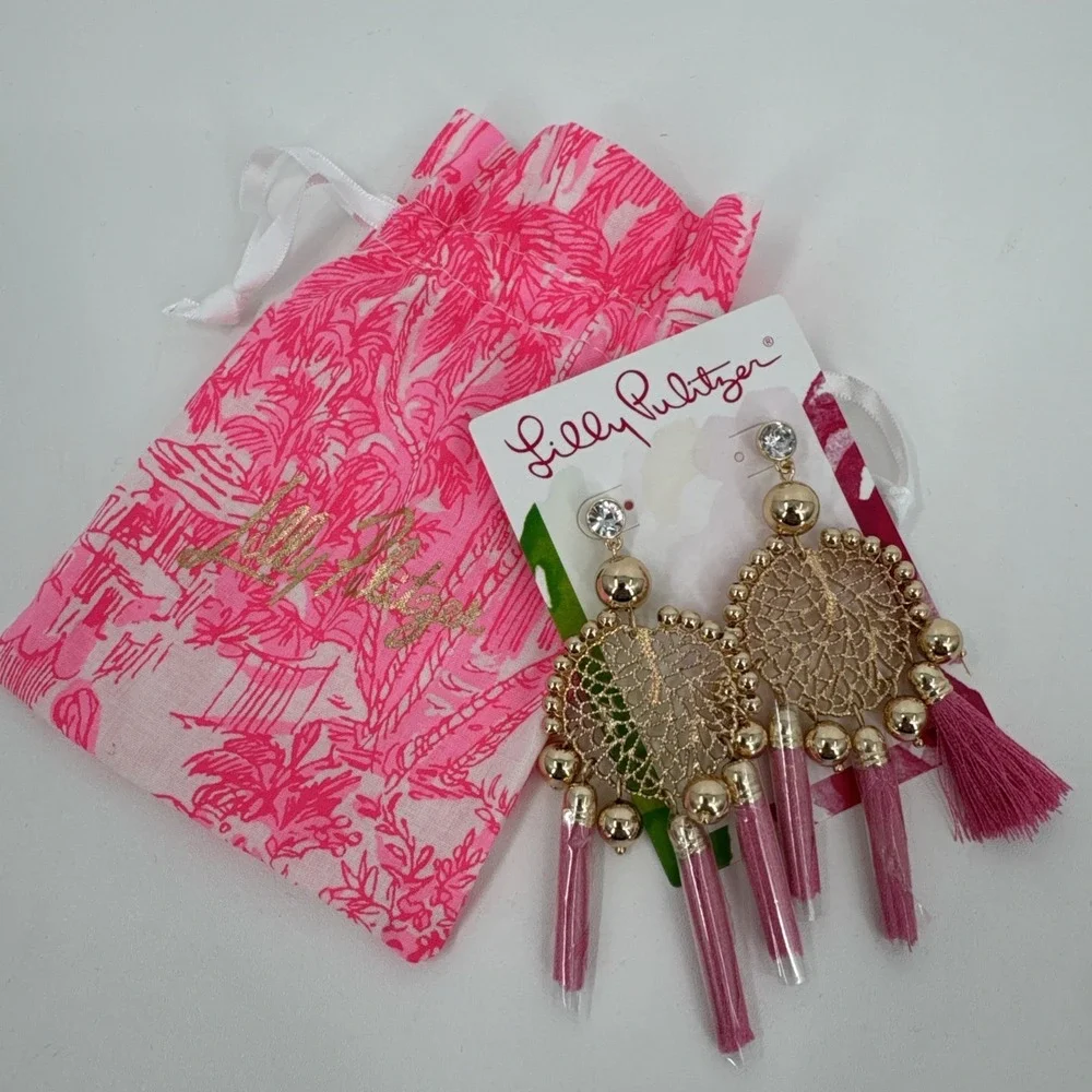 LILLY PULITZER STATEMENT DROP EARRINGS TASSEL SEA DREAMER‎ AURA PINK NEW NWT $58